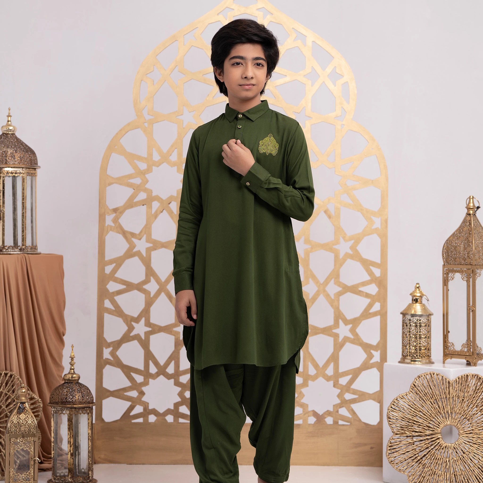 Black Olive Cotton Linen Kabli Set